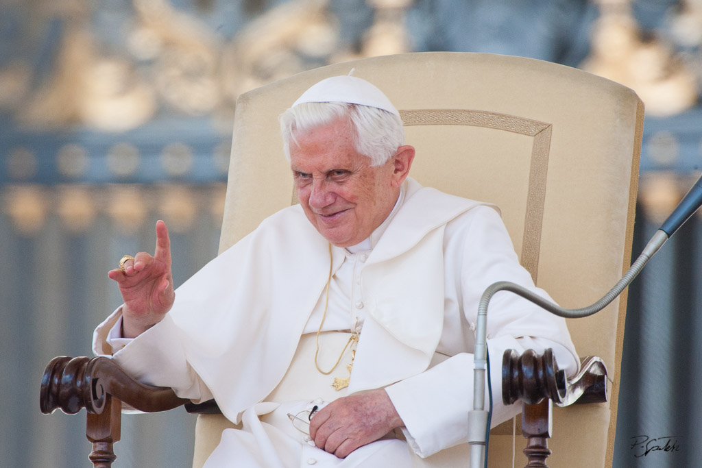 Pope Benedict XVI smiling during his weekly general audience in St. Peter's square. Vatican City, June 2, 2010.