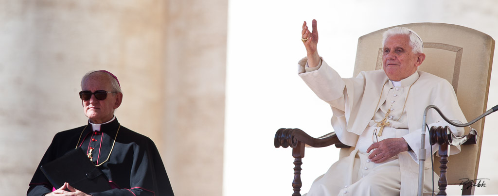 Pope Benedict XVI and archbishop James Harvey during an audience in St. Peter's square. Vatican City, October 6, 2010.