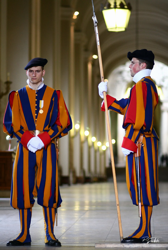 Swiss Guards at the entrance of the vatican palace. Vatican City, May 6, 2010.